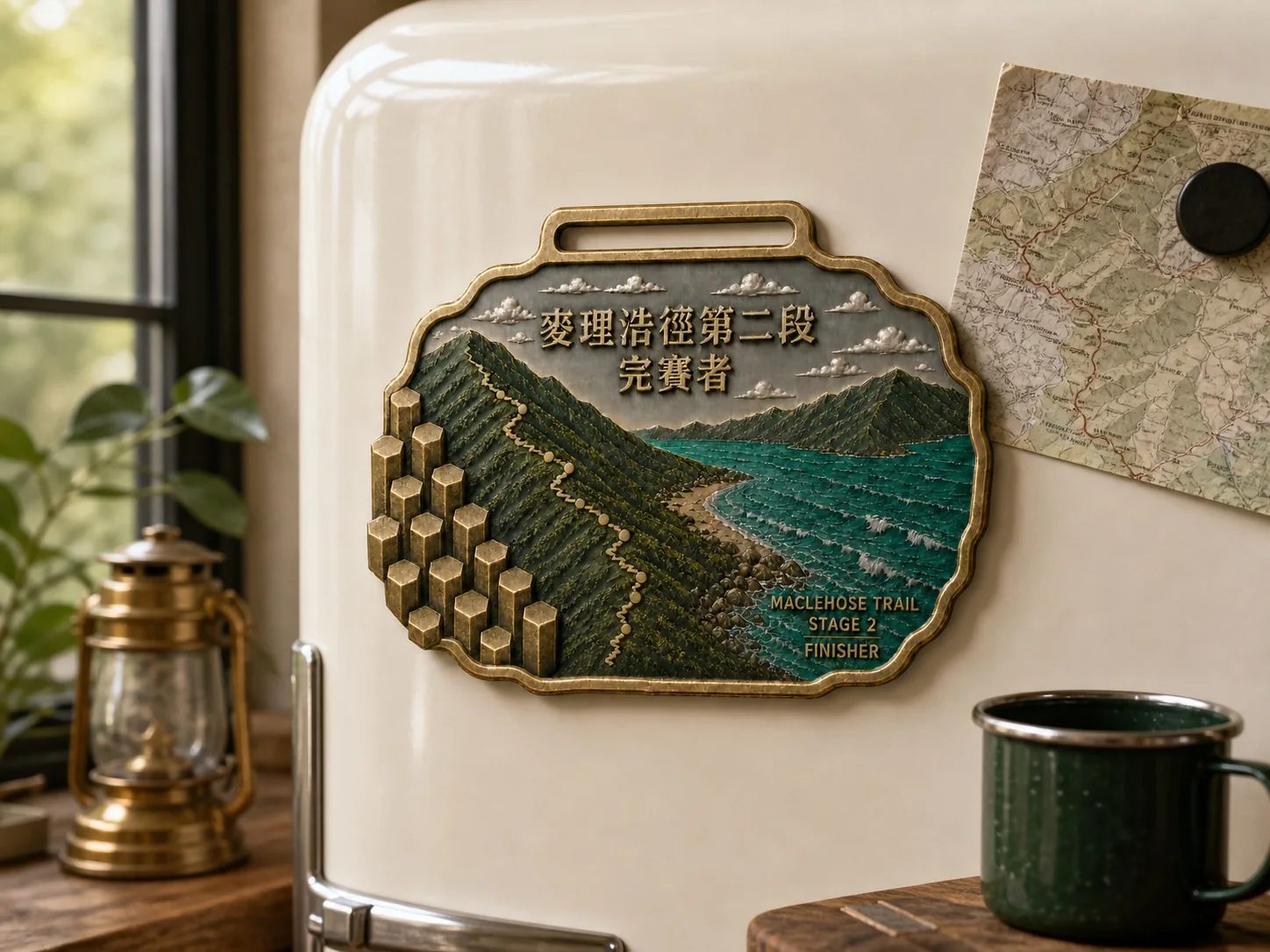 完赛纪念牌磁吸展示在复古冰箱上的使用场景示意