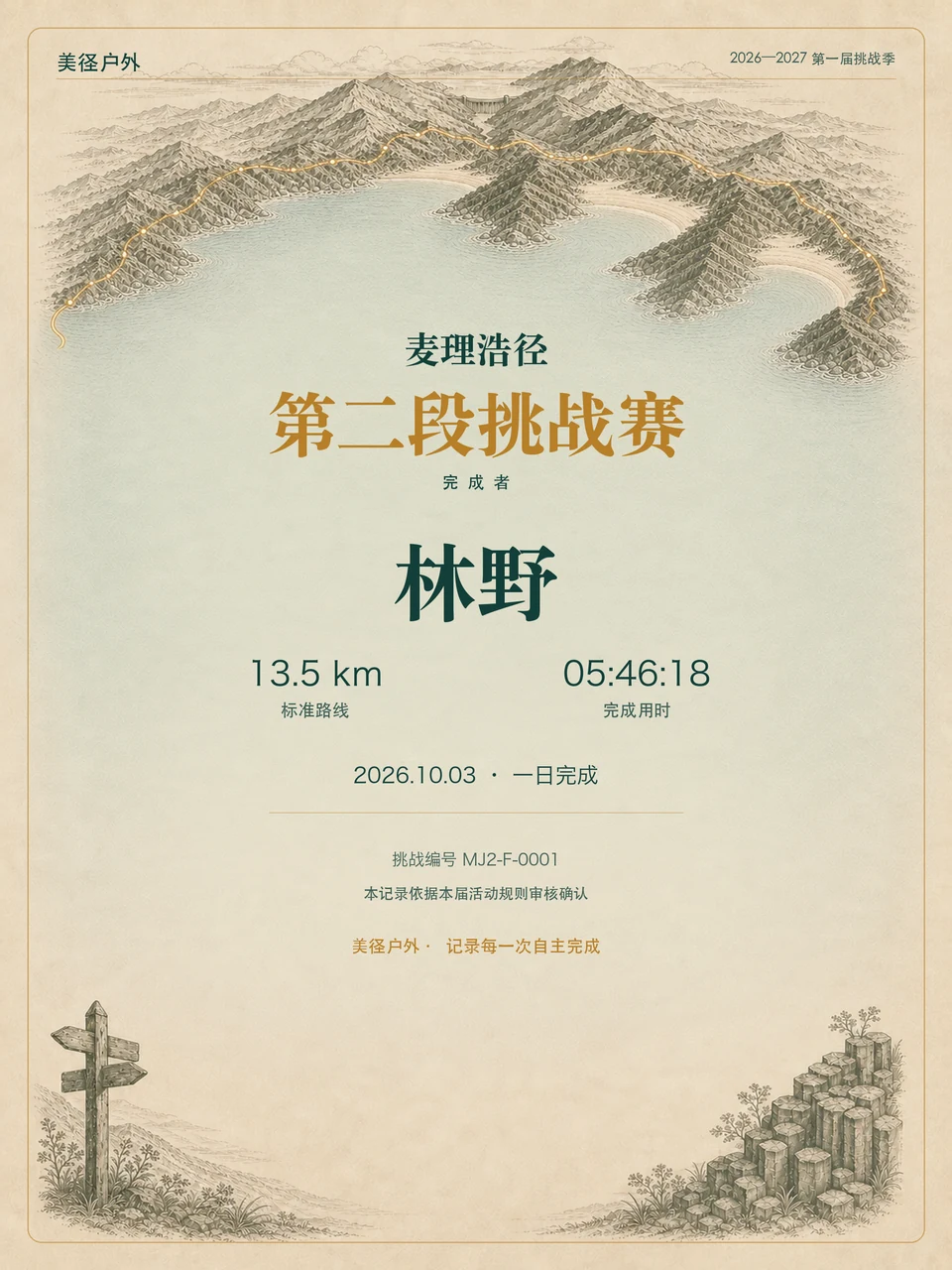 林野的麦理浩径第二段完整完赛证书示例